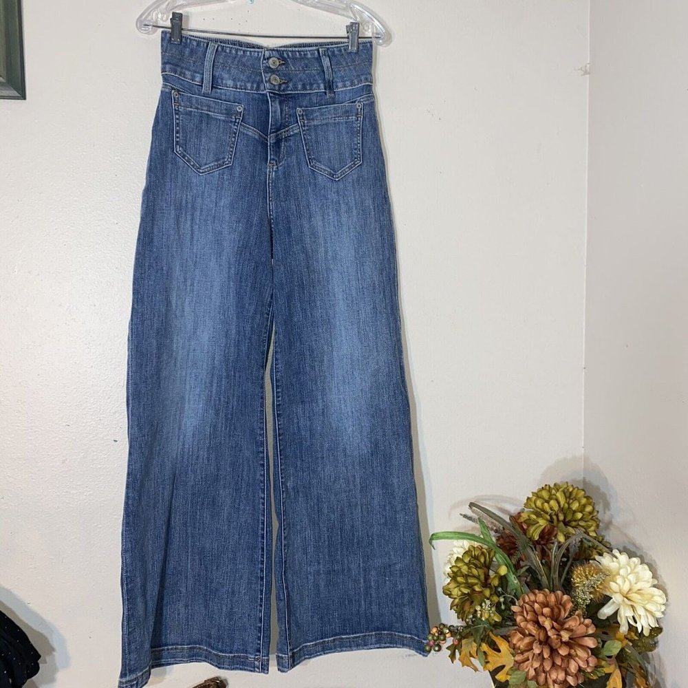 Express Jeans Wide Leg Flare Womens Size 8 High Rise Blue Stretch 70s Style
